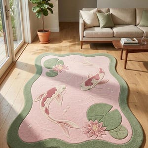 Könnte beinhalten: Ein rechteckiger Teppich mit gewellten Kanten, der einen hellrosa Hintergrund, zwei Koi-Fische in Rosa- und Weißtönen sowie grüne Seerosenblätter mit rosa Lotusblüten zeigt. Der Teppich hat einen dicken, einfarbigen salbeigrünen Rand.