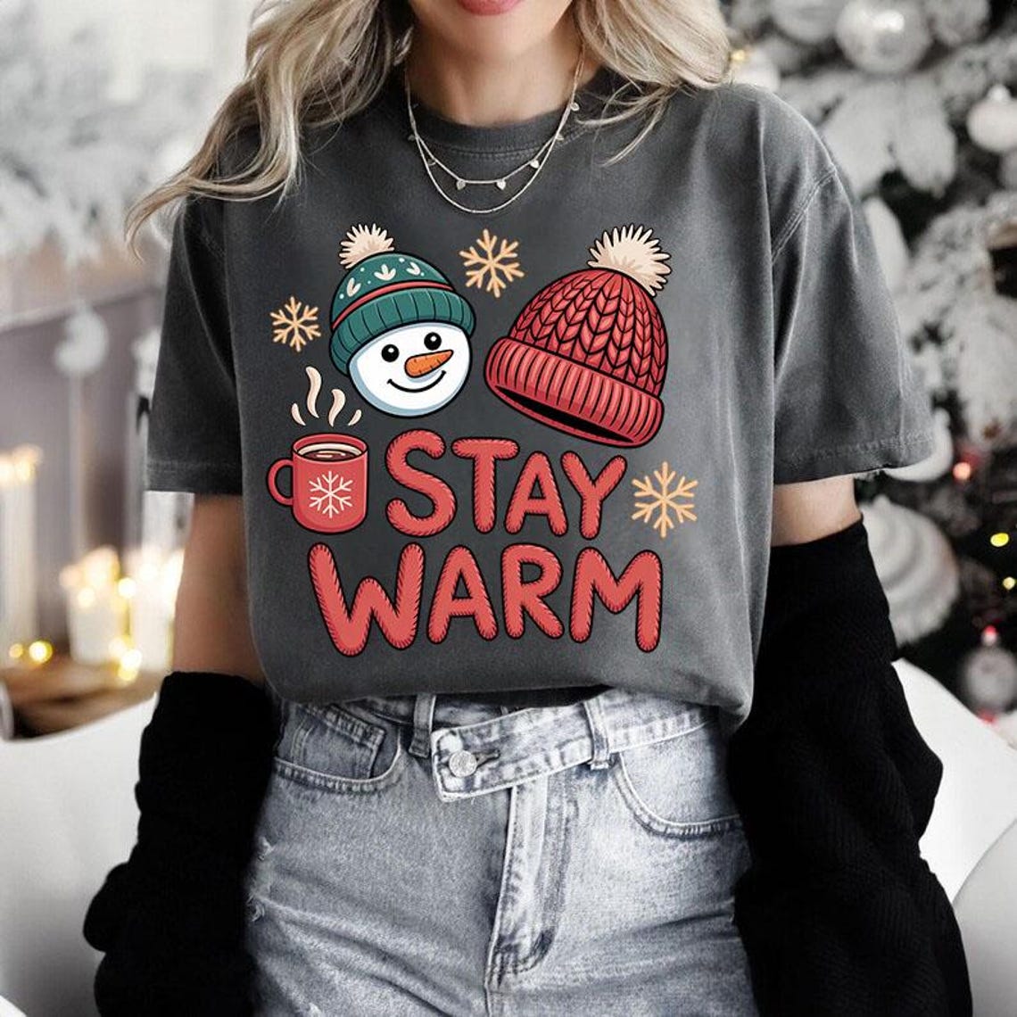 Stay Warm PNG Winter Hot Cocoa Snowman Design Christmas Sweater
