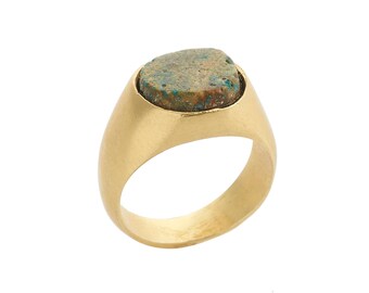 Gold Turquoise ring, gemstone , Sterling silver, solid gold, unisex, raw stone, natural, boho, tribal, green, circle, handcrafted, elegant.