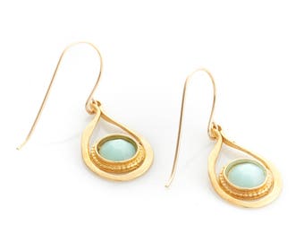 Gold dangle Earrings, teardrop earrings, Swarovski earrings, dagnle earrings, elegant earrings, gemstone earrings, mint blue earrings, junam