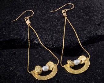 pearl earrings, long dangle earrings, gold earrings, long earrings, long gold earrings, statement earrings, boho earrings, textured earrings