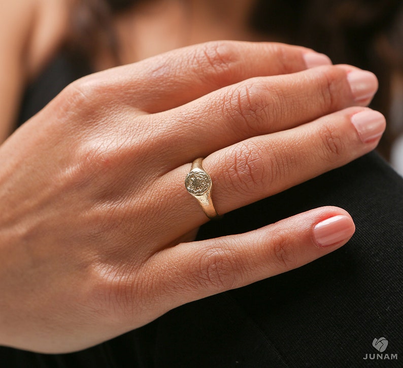 Signet ring, Gold ring, minimalist, textured, gift for her, seal ring, delicate, natural, handcrafted, unique, vintage, wedding, elegant image 2