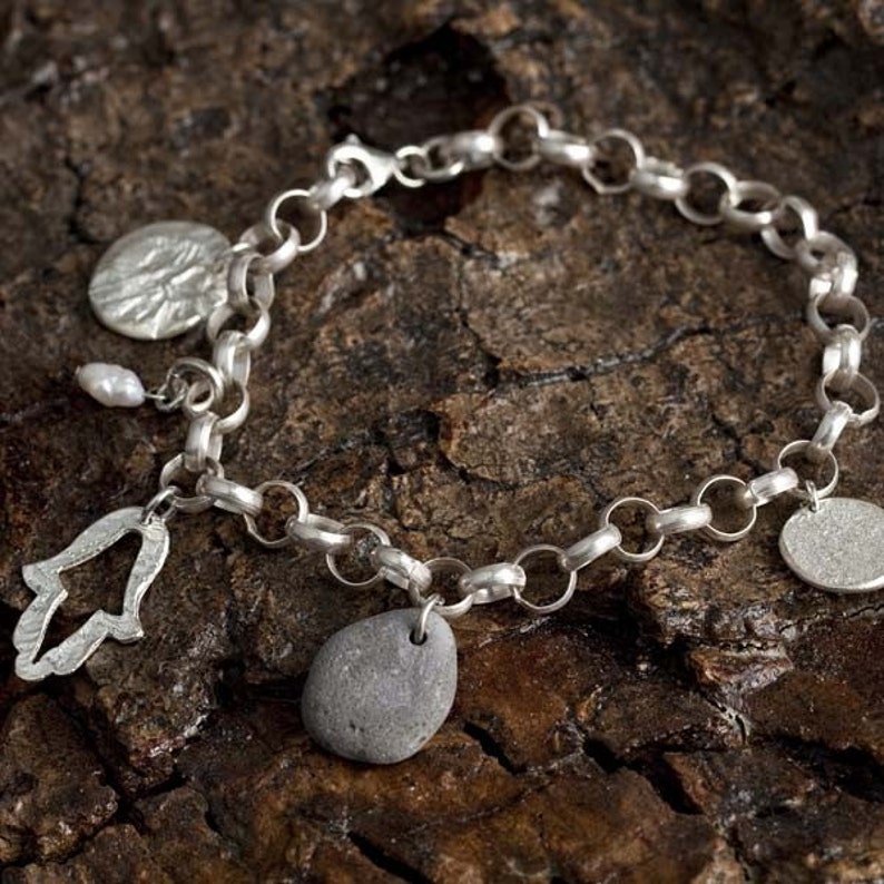 Hamsa Charm Bracelet Freshwater Pearl Stone and Silver Etsy