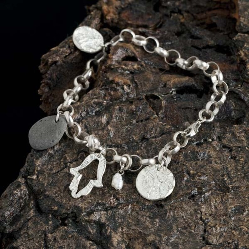 Hamsa Charm Bracelet Freshwater Pearl Stone and Silver Etsy