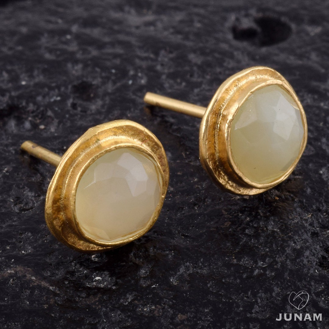 Jade Earrings, White Jade Earrings, Gold Stud Earrings, Gemstone ...