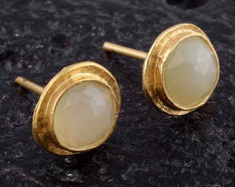 jade Earrings, white jade earrings, gold stud earrings, gemstone earrings, jade earrings, round earrings, post earrings, raw stone earrings