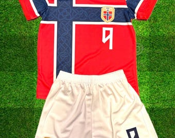 Erling Haaland Kids Soccer Jersey Kit Norway 9 Set 2025 Toddler Youth Non Branded Soccer Norwegian Set 2 Piece 16 18 20 22 24 26 28 30