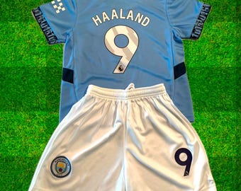Conjunto de camiseta de fútbol para niños Erling Haaland Manchester 2025, tallas 18, 20, 22, 24, 26, 28 y 30, sin marca.