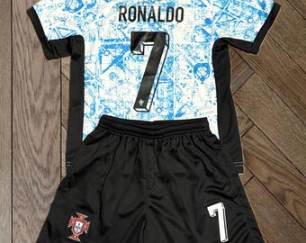 Portugal Ronaldo Blue Kids Jersey Set Kit 2 Pcs Toddler Youth Non Branded Soccer Uniform Kit Toddler Youth Uniform  18 20 22 24 26 28 30