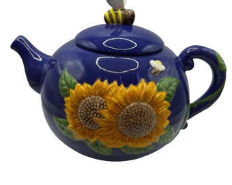 Tarro para galletas de cerámica azul con forma de girasol y abeja de Treasure Craft, 28 cm (11 pulgadas).