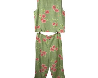 Tommy Bahama Damen 100% Seide 2-teiliges Set Grün Rosa Blumenmuster Oberteil Hose Medium