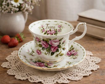 Royal Albert June Rose Flower of the Month Teacup & Saucer Bone China Pink Gold