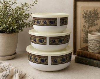 Juego de 3 cuencos apilables con tapa Mikasa Arabella AZ008, con diseño floral vintage.
