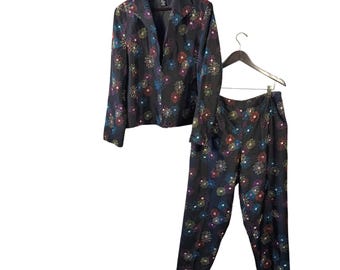 Silkland Womens 100% Silk 2 Piece Pant Suit Set Black Embroidered Floral XL