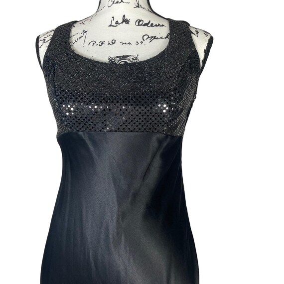 Vintage Y2K Jump Apparel Black Sequin Satin Gown Lace-Up Back Size 7/8 USA NYE