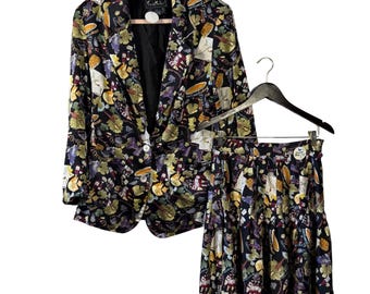 Vintage 1993 Nicole Miller Seidenrock Set Pinot Noir Print Damen M
