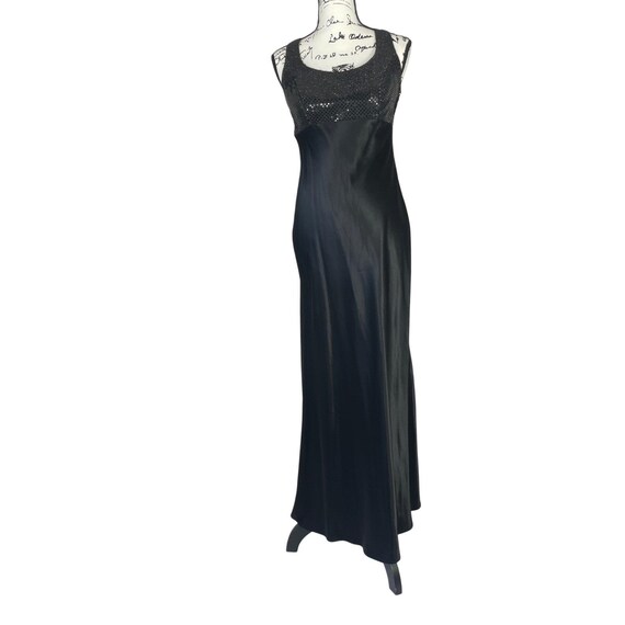 Vintage Y2K Jump Apparel Black Sequin Satin Gown Lace-Up Back Size 7/8 USA NYE