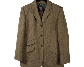 Blazer ecuestre de espiga marrón de Lauren Ralph Lauren con botones de caballo, talla 14