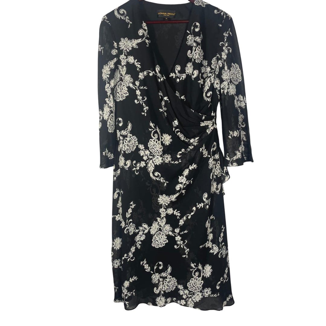 dresses by donna ricco Vtg New York Black White Floral Print Midi Dress Women's 14 Draped Size:L 10/12 Sleeveless Little Black Dresses blackfriday Sheath dress 5% spandex