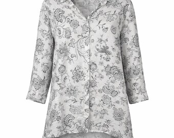 Match Point USA Linen Floral Paisley Tunic Button Down Shirt White Black Small