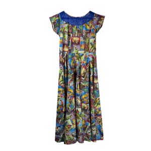 May include: A long, colourful dress with a parrot print. The dress has a blue lace neckline and cap sleeves. The skirt is full and flowing, with a variety of parrot illustrations in a patchwork design.