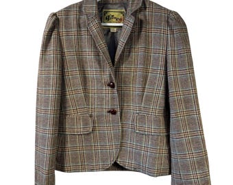 Fillmore Studio California Plaid Blazer Brown Blue Glen Check Puff Shoulder S