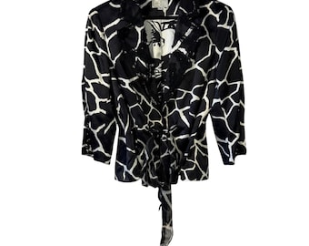Chaqueta Alberto Makali para mujer, color blanco y negro, con estampado de jirafa, ribete de encaje y cierre de lazo frontal, talla 14.