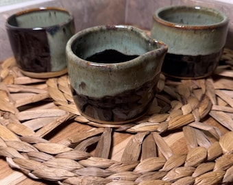 Studio Pottery Set 3 Piece Hand Thrown Stoneware Pitcher Tumblers Green Brown EG