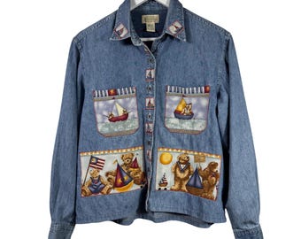Camisa vaquera St Johns Bay Natical Teddy Bear, lavado medio, estilo vintage para navegación.
