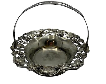 Vintage Lord & Taylor Silver Plate Grape Repousse Bride's Basket Swing Handle