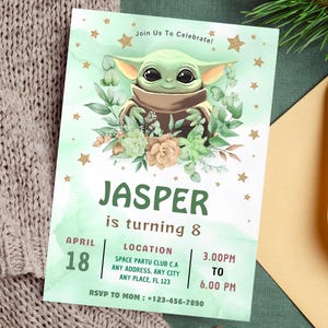 May include: A rectangular birthday invitation card featuring a green watercolor background, a cartoon character with large eyes, and floral accents. The text reads: Join Us To Celebrate! JASPER is turning 8, April 18, Location Space Partu Club C.A, 3.00PM to 6.00PM, RSVP to MOM: +123-456-7890.
