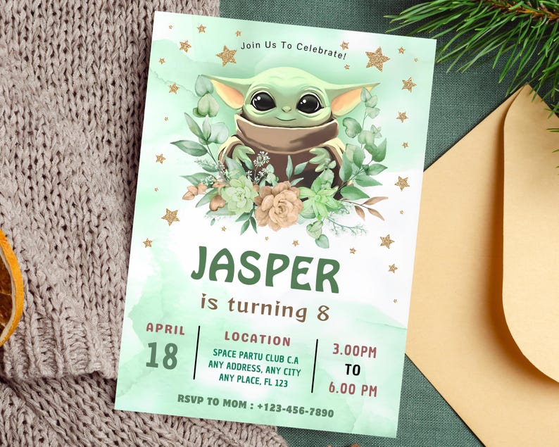 May include: A rectangular birthday invitation card featuring a green watercolor background, a cartoon character with large eyes, and floral accents. The text reads: Join Us To Celebrate! JASPER is turning 8, April 18, Location Space Partu Club C.A, 3.00PM to 6.00PM, RSVP to MOM: +123-456-7890.