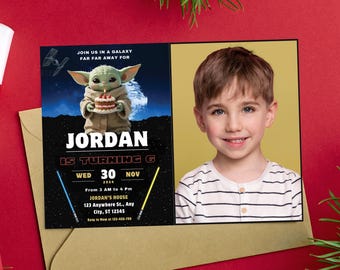 Baby Yoda Photo Invitation Template Star Wars Birthday Invite with Picture Grogu Galaxy Party Star Wars grogu Kids Birthday Invite Template