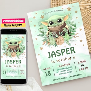 May include: A digital birthday invitation template featuring a green alien character, floral accents, and gold stars. The text reads: Join Us To Celebrate! JASPER is turning 8, April 18, Location: Space Partu Club C.A, 3.00PM to 6.00PM, RSVP to Mom: +123-456-7890.