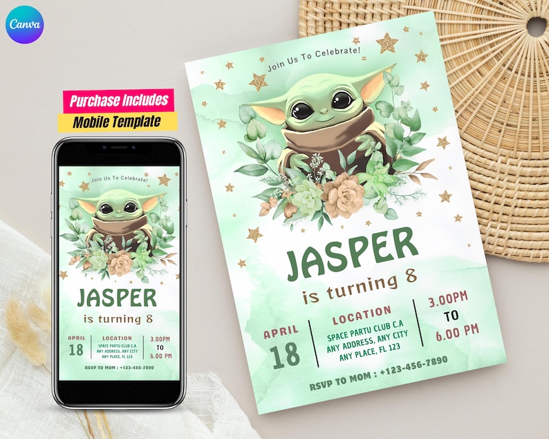 May include: A digital birthday invitation template featuring a green alien character, floral accents, and gold stars. The text reads: Join Us To Celebrate! JASPER is turning 8, April 18, Location: Space Partu Club C.A, 3.00PM to 6.00PM, RSVP to Mom: +123-456-7890.