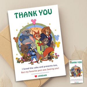 Puede incluir: Una tarjeta de agradecimiento blanca con las palabras "THANK YOU" en verde. La tarjeta presenta una colorida ilustraci&oacute;n de animales de dibujos animados. El texto "I loved the cake and presents too, But my favorite part was Seeing you!" est&aacute; debajo de la ilustraci&oacute;n. El nombre "JORDAN" est&aacute; en la parte inferior.
