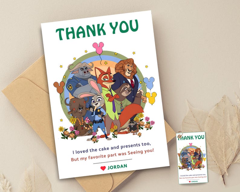 Puede incluir: Una tarjeta de agradecimiento blanca con las palabras "THANK YOU" en verde. La tarjeta presenta una colorida ilustraci&oacute;n de animales de dibujos animados. El texto "I loved the cake and presents too, But my favorite part was Seeing you!" est&aacute; debajo de la ilustraci&oacute;n. El nombre "JORDAN" est&aacute; en la parte inferior.