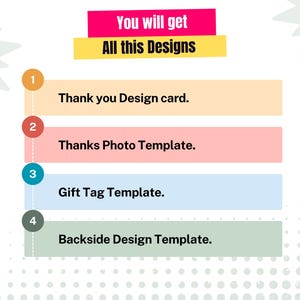 Puede incluir: Gr&aacute;fico con el texto "You will get All this Designs". La imagen enumera cuatro plantillas de dise&ntilde;o: Tarjeta de dise&ntilde;o de agradecimiento, Plantilla de foto de agradecimiento, Plantilla de etiqueta de regalo y Plantilla de dise&ntilde;o de respaldo. El texto est&aacute; en una fuente sans-serif.