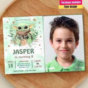 May include: A rectangular birthday invitation card featuring a green watercolor background, a cartoon character illustration, and floral accents. The text reads: Join Us To Celebrate! JASPER is turning 8, April 18, Location, 3.00PM TO 6.00PM, RSVP TO MOM : +123-456-7890.