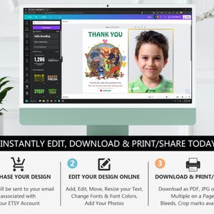 Puede incluir: Un monitor de computadora muestra una tarjeta de agradecimiento digital con una ilustraci&oacute;n de dibujos animados y una foto de un ni&ntilde;o. La tarjeta incluye el texto "GRACIAS" e instrucciones para editar e imprimir el dise&ntilde;o.