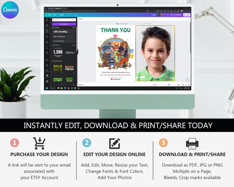 Puede incluir: Un monitor de computadora muestra una tarjeta de agradecimiento digital con una ilustraci&oacute;n de dibujos animados y una foto de un ni&ntilde;o. La tarjeta incluye el texto "GRACIAS" e instrucciones para editar e imprimir el dise&ntilde;o.