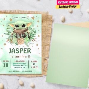 May include: A rectangular birthday invitation card featuring a green watercolor background, a cartoon character with large eyes and ears, floral accents, and gold stars. Text includes: Join Us To Celebrate! JASPER is turning 8, April 18, location details, and RSVP.