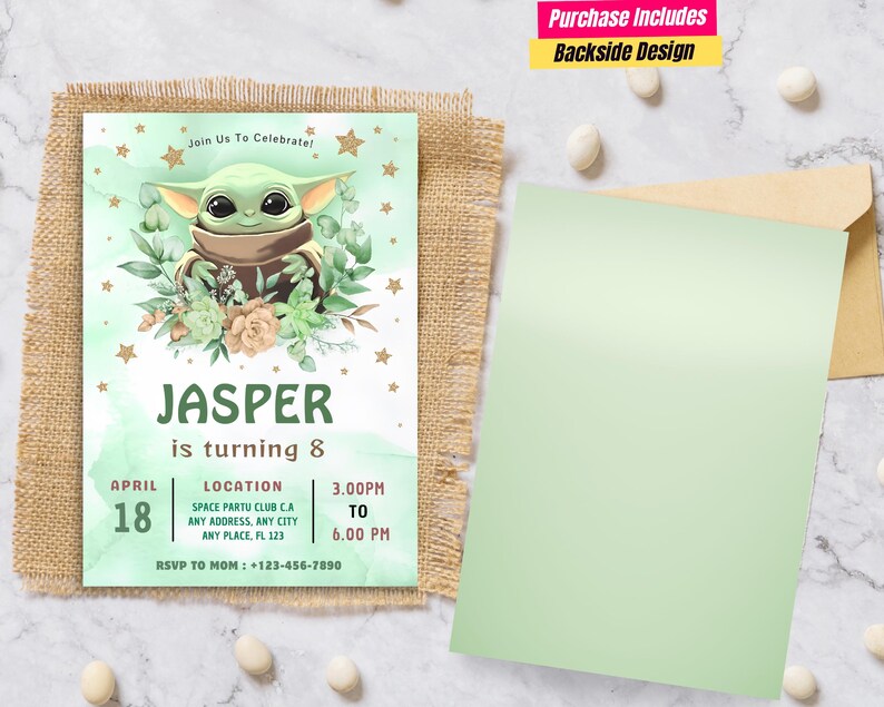 May include: A rectangular birthday invitation card featuring a green watercolor background, a cartoon character with large eyes and ears, floral accents, and gold stars. Text includes: Join Us To Celebrate! JASPER is turning 8, April 18, location details, and RSVP.
