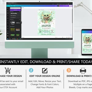May include: A digital birthday invitation template displayed on a computer monitor and smartphone screen. The design features a green watercolor background with a cartoon character, floral accents, and the text Jasper is turning 8, April 18.