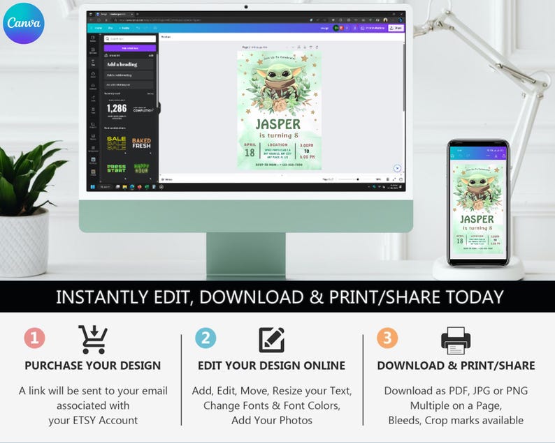 May include: A digital birthday invitation template displayed on a computer monitor and smartphone screen. The design features a green watercolor background with a cartoon character, floral accents, and the text Jasper is turning 8, April 18.
