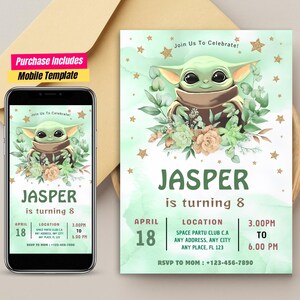 May include: A birthday invitation template featuring a green alien character surrounded by foliage and gold stars. The text reads Join Us To Celebrate, JASPER is turning 8, April 18, Location Space Partu Club C.A, 3.00PM TO 6.00PM, and RSVP TO MOM : +123-456-7890.