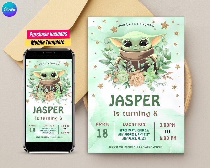 May include: A birthday invitation template featuring a green alien character surrounded by foliage and gold stars. The text reads Join Us To Celebrate, JASPER is turning 8, April 18, Location Space Partu Club C.A, 3.00PM TO 6.00PM, and RSVP TO MOM : +123-456-7890.