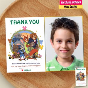 Puede incluir: Una tarjeta de agradecimiento personalizada con una ilustraci&oacute;n de dibujos animados de personajes animales y una foto de un ni&ntilde;o. La tarjeta incluye el texto "THANK YOU" y un mensaje. El texto "Purchase Includes Flyer Design" tambi&eacute;n es visible.