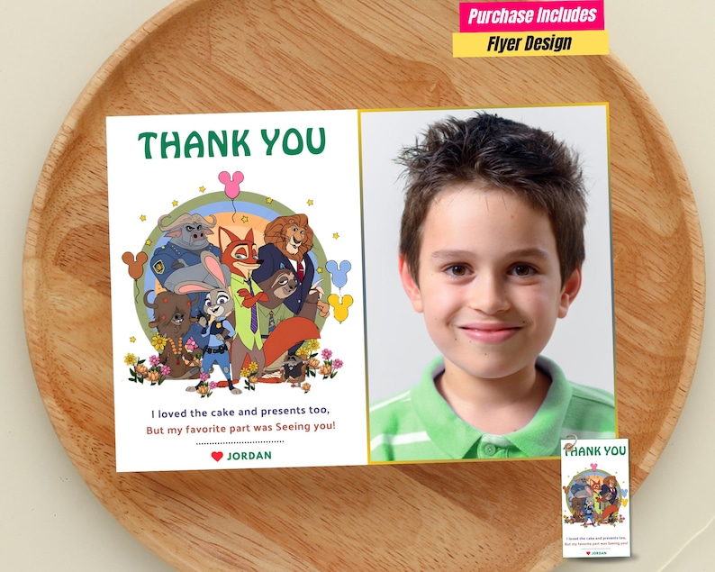 Puede incluir: Una tarjeta de agradecimiento personalizada con una ilustraci&oacute;n de dibujos animados de personajes animales y una foto de un ni&ntilde;o. La tarjeta incluye el texto "THANK YOU" y un mensaje. El texto "Purchase Includes Flyer Design" tambi&eacute;n es visible.