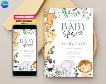 Jungle Baby Shower Invitation Template, Safari Baby Shower Invite, Jungle Animals Baby Shower Invitation Gender Neutral Baby Shower card
